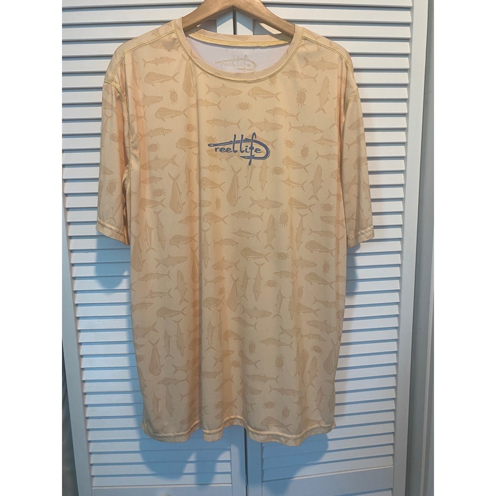 Reel Life Mens XXL Fishing Shirt Short Sleeve Yellow Sea Life Graphic Tee